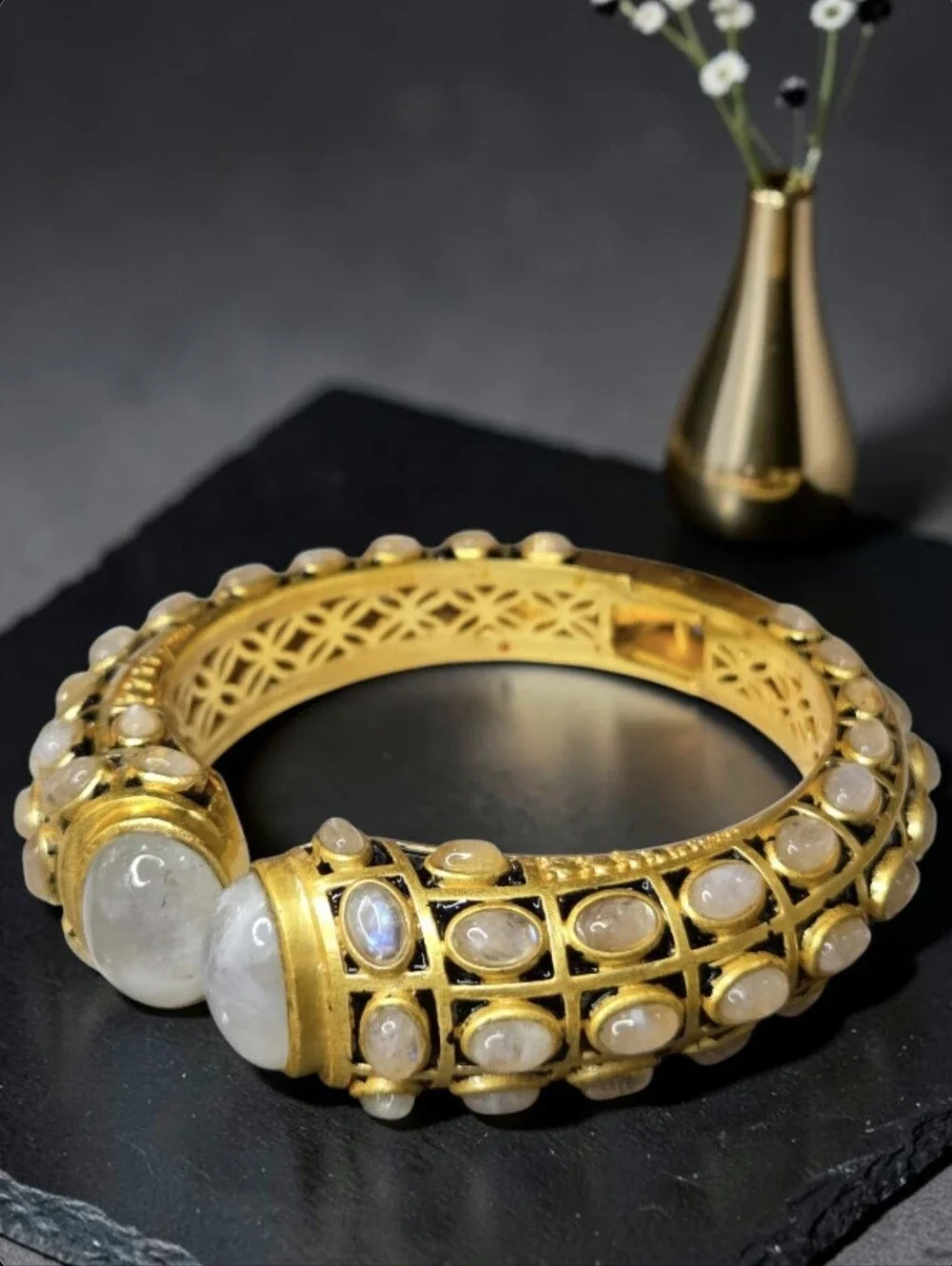 24k Gold Plated Artisan Flash Moonstone Onyx Enamel Oversized Clamper Bracelet